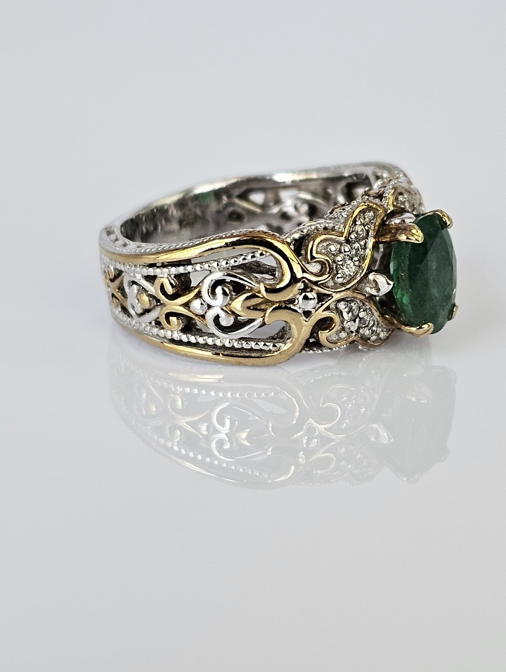 Rare Untreated Emerald & White Zircon Ring Palladium Sterling Silver 18k Sz 7! - Picture 3 of 8